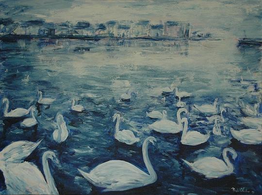Galway Swans, schilderij van Reinder Bleeker, 150 x 200 cm