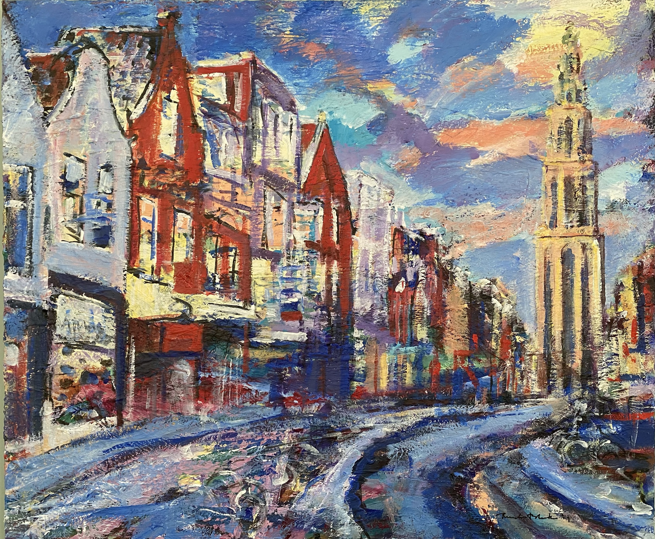 Oosterstraat, schilderij van Reinder Bleeker, 100 x 120 cm